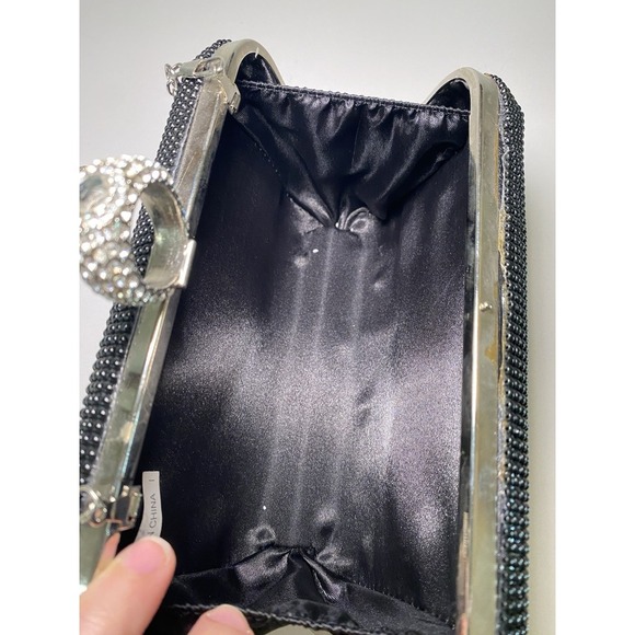 Vintage Black Beaded Flapper Clutch Rhinestone Ring Opener Accent Chain Strap - Picture 12 of 16